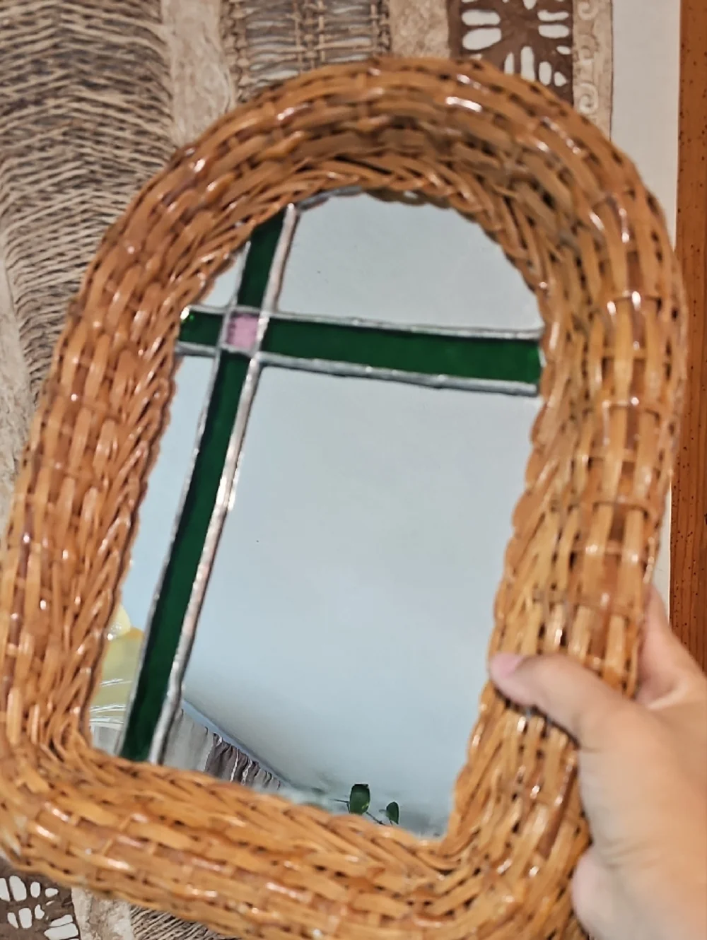 Woven Rattan Framed Mirror with Green Stained Glass Accent16